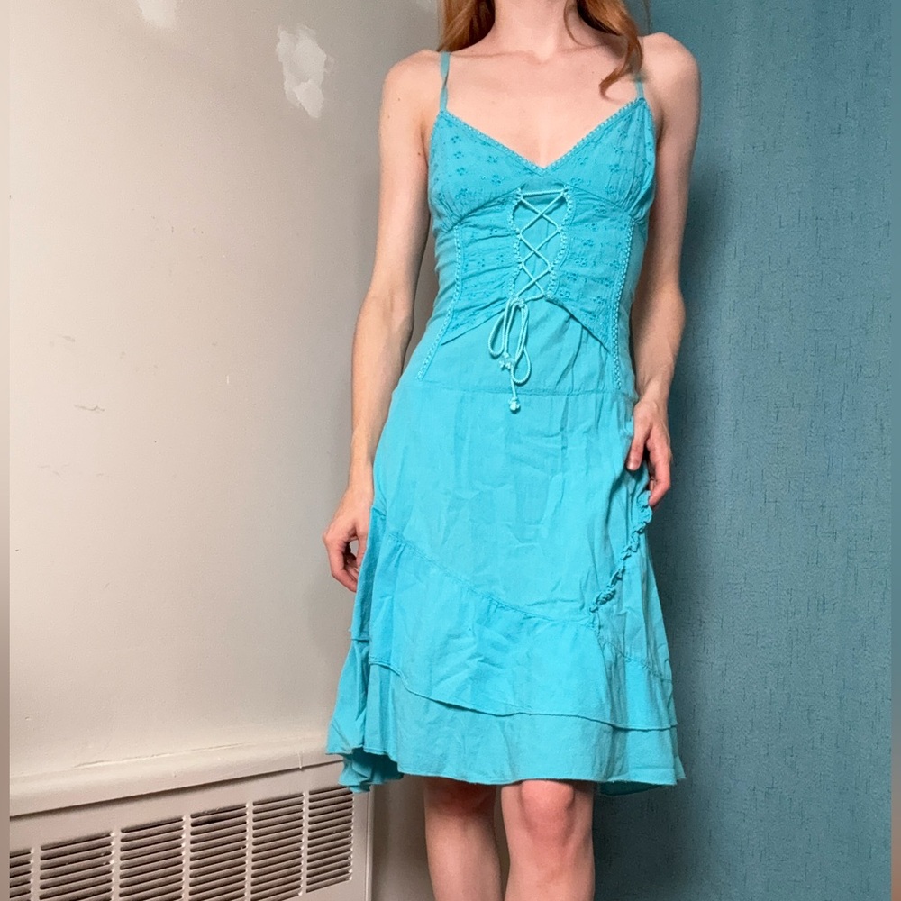 Blue Cotton Corset Lace-Up Dress